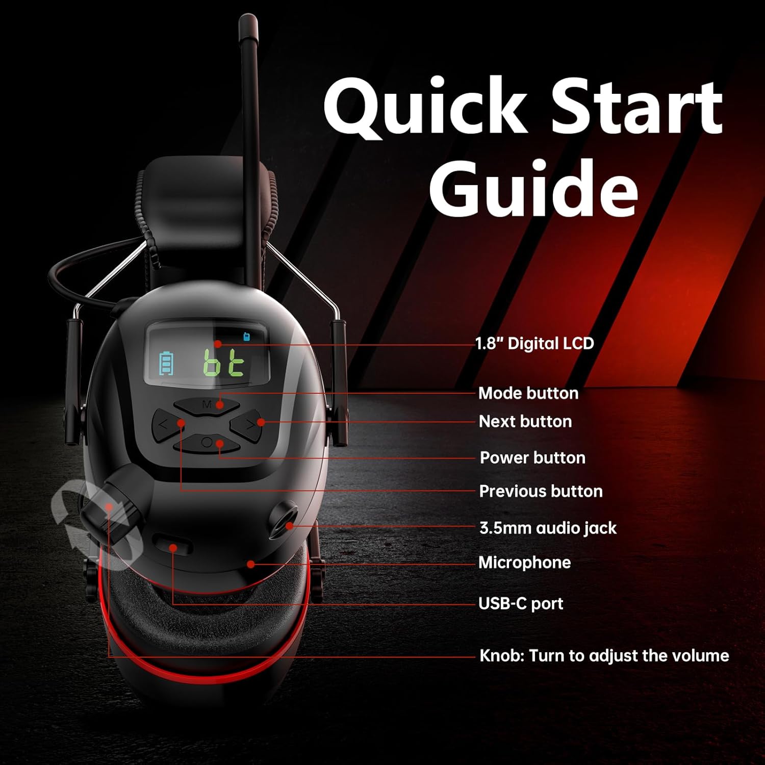 Bluetooth 6.0 AM/FM Hearing Protection, Radio Headphones with Digital Display, 30 SNR Noise Reduction Safety Earmuffs with Rechargeable 2000 mAh Large Battery, Ear Protector for Mowing Lawn Work